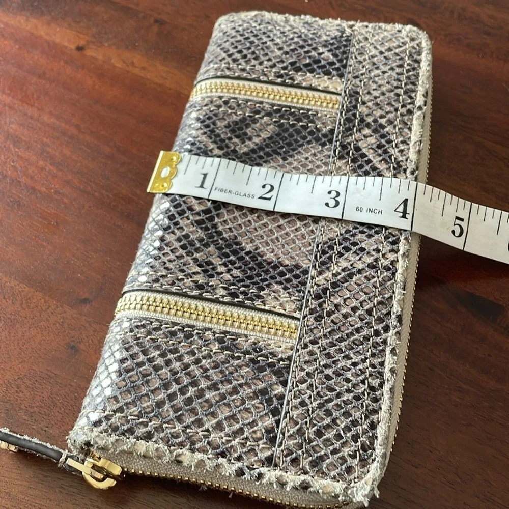 Michael Kors black brown snakeskin embossed logo gold tone zippered wallet